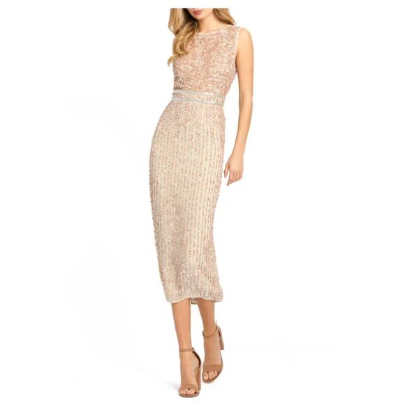Mac Duggal Sequin High-Neck Column Midi‎ Dress, Women’s Sz 2, Gold/Blush Formal - Picture 1 of 15